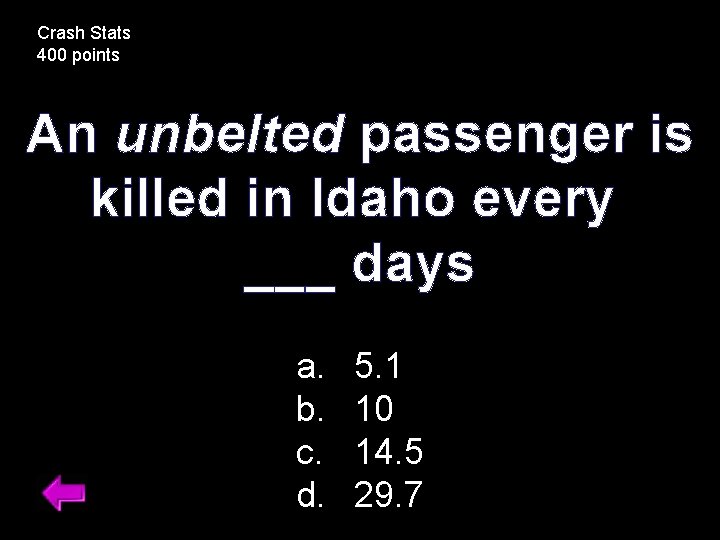 Crash Stats 400 points An unbelted passenger is killed in Idaho every ___ days