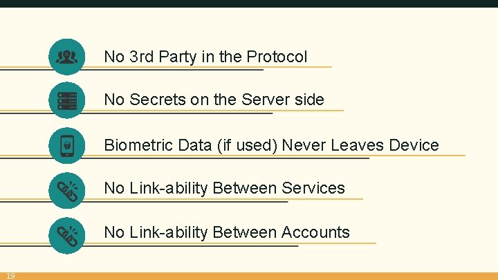 No 3 rd Party in the Protocol No Secrets on the Server side Biometric