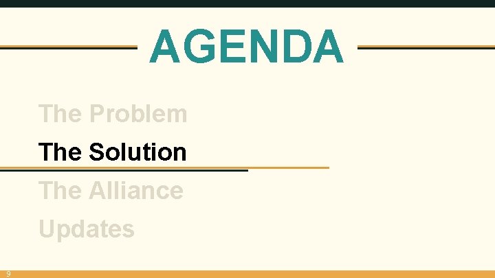 AGENDA The Problem The Solution The Alliance Updates 9 