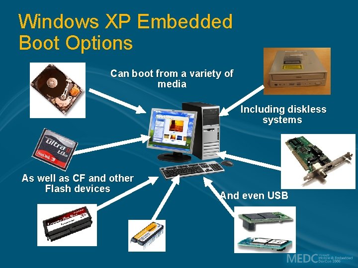Windows XP Embedded Boot Options Can boot from a variety of media Including diskless