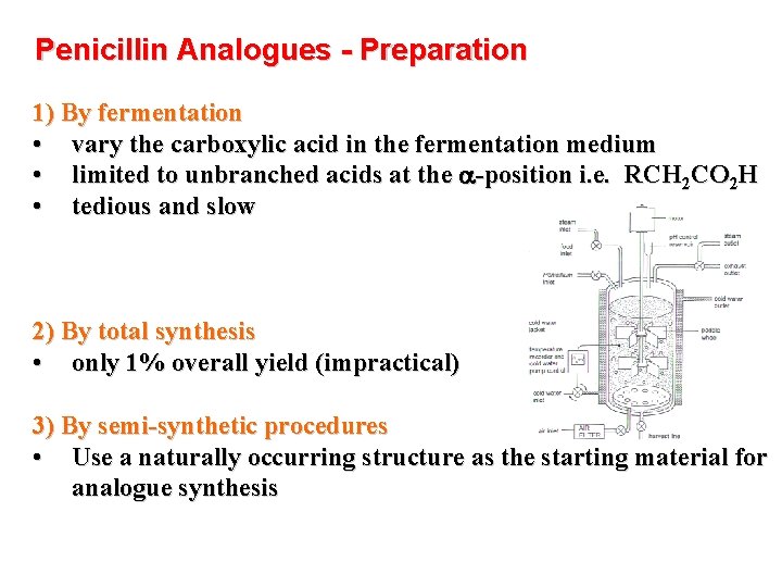 Penicillin Analogues - Preparation 1) By fermentation • vary the carboxylic acid in the