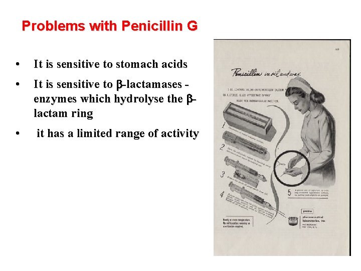Problems with Penicillin G • It is sensitive to stomach acids • It is