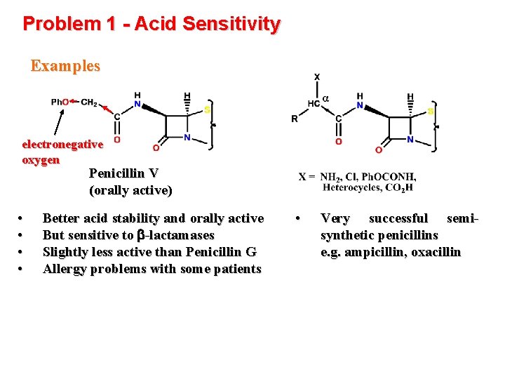 Problem 1 - Acid Sensitivity Examples electronegative oxygen Penicillin V (orally active) • •