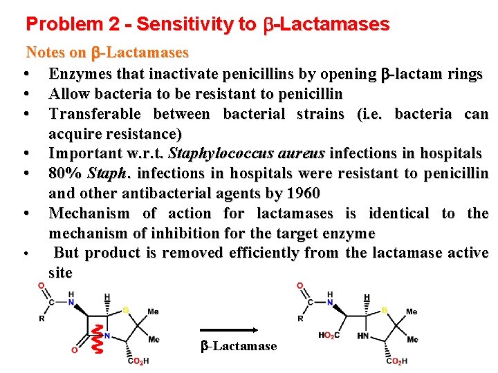 Problem 2 - Sensitivity to b-Lactamases Notes on b-Lactamases • Enzymes that inactivate penicillins