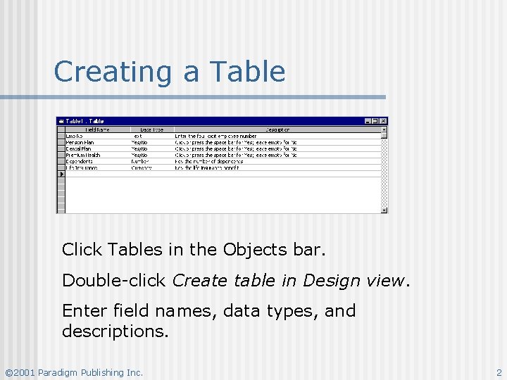 Creating a Table Click Tables in the Objects bar. Double-click Create table in Design