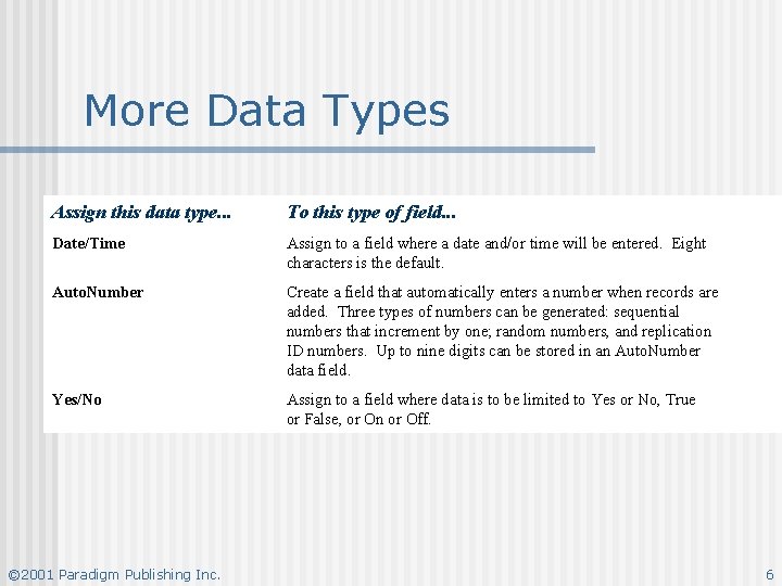 More Data Types Assign this data type. . . To this type of field.