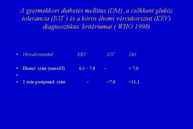 A gyermekkori diabetes mellitus (DM) , a csőkkent glukóz tolerancia (IGT ) és a A gyermekkori diabetes mellitus (DM) , a csőkkent glukóz tolerancia (IGT ) és a