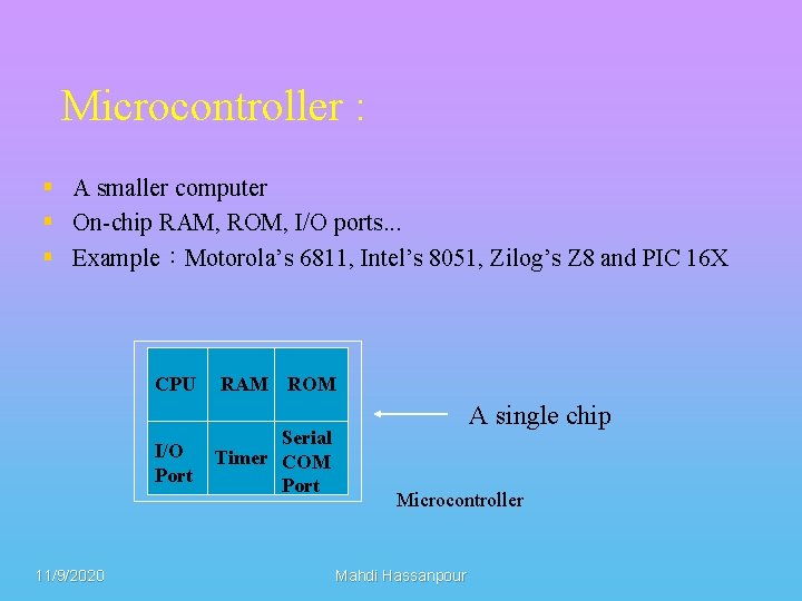 Microcontroller : § A smaller computer § On-chip RAM, ROM, I/O ports. . .