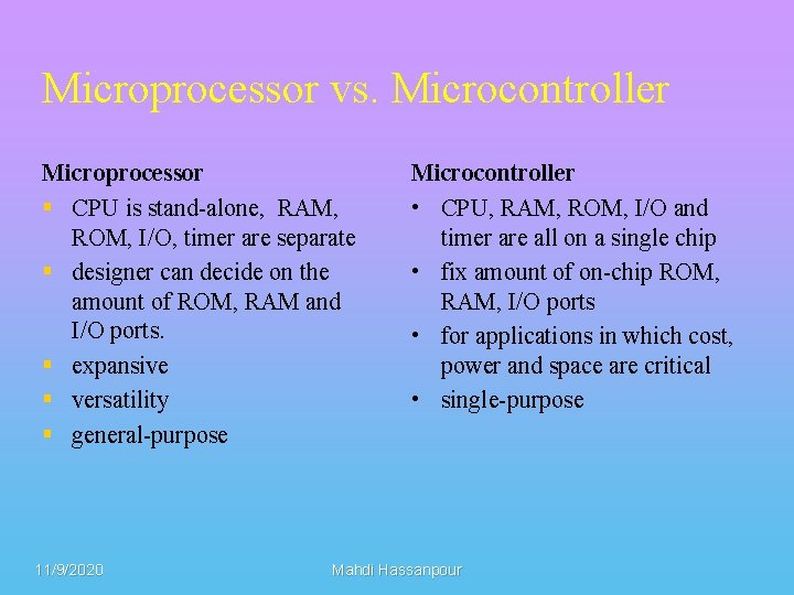 Microprocessor vs. Microcontroller Microprocessor § CPU is stand-alone, RAM, ROM, I/O, timer are separate