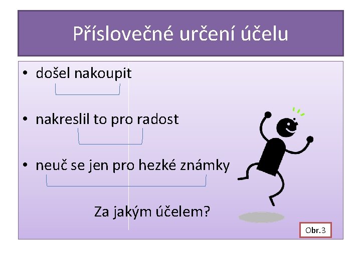 Příslovečné určení účelu • došel nakoupit • nakreslil to pro radost • neuč se