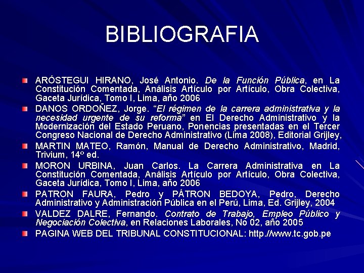 BIBLIOGRAFIA ARÓSTEGUI HIRANO, José Antonio. De la Función Pública, en La Constitución Comentada, Análisis