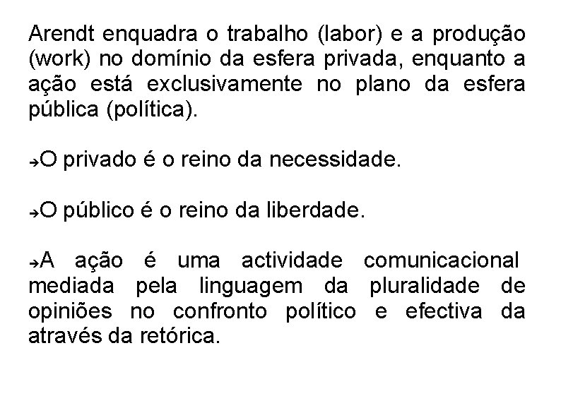 Arendt enquadra o trabalho (labor) e a produção (work) no domínio da esfera privada,