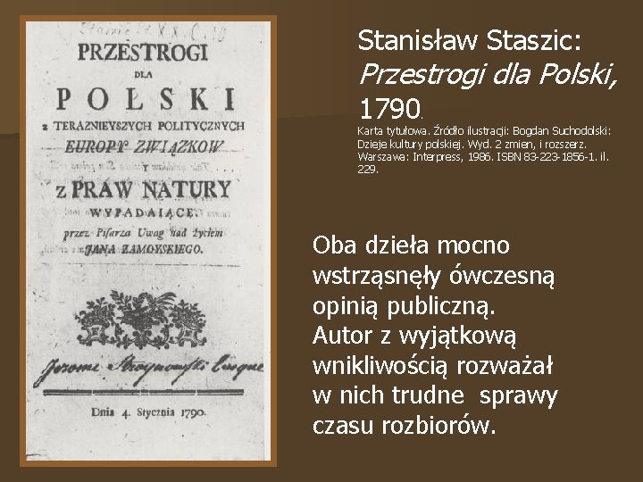 Stanisław Staszic: Przestrogi dla Polski, 1790 . Karta tytułowa. Źródło ilustracji: Bogdan Suchodolski: Dzieje