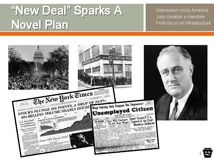 “New Deal” Sparks A Novel Plan • • • Depression rocks America Jobs creation