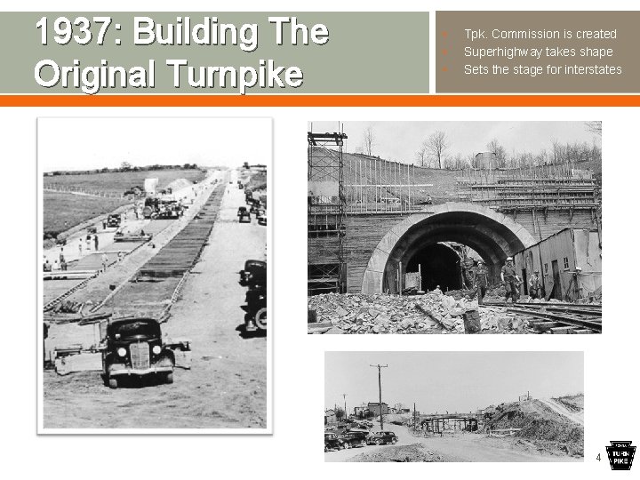 1937: Building The Original Turnpike • • • Tpk. Commission is created Superhighway takes