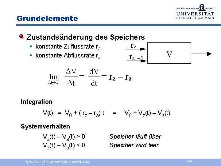 Grundelemente Zustandsänderung des Speichers § konstante Zuflussrate r. Z § konstante Abflussrate ra DV