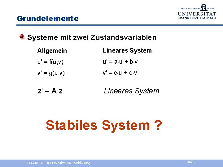 Grundelemente Systeme mit zwei Zustandsvariablen Allgemein Lineares System u' = f(u, v) u' =