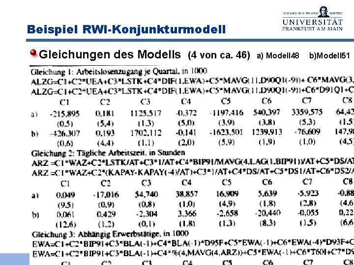 Beispiel RWI-Konjunkturmodell Gleichungen des Modells (4 von ca. 46) a) Modell 48 b)Modell 51