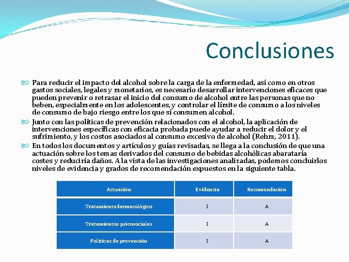 Conclusiones Para reducir el impacto del alcohol sobre la carga de la enfermedad, así