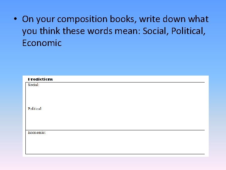  • On your composition books, write down what you think these words mean: