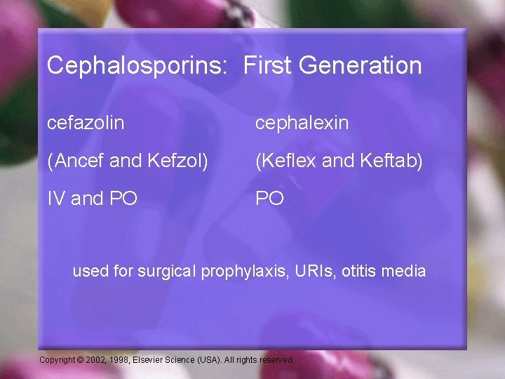 Cephalosporins: First Generation cefazolin cephalexin (Ancef and Kefzol) (Keflex and Keftab) IV and PO