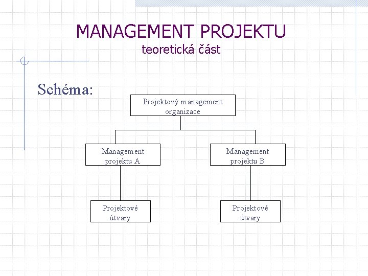 MANAGEMENT PROJEKTU teoretická část Schéma: Projektový management organizace Management projektu A Projektové útvary Management