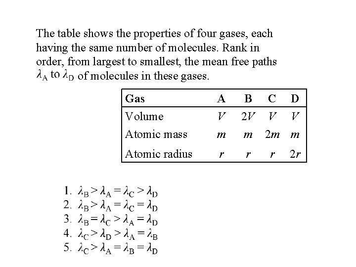 The table shows the properties of four gases, each having the same number of