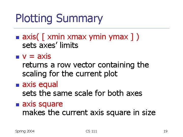 Plotting Summary n n axis( [ xmin xmax ymin ymax ] ) sets axes’