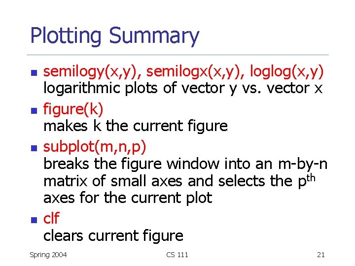 Plotting Summary n n semilogy(x, y), semilogx(x, y), loglog(x, y) logarithmic plots of vector