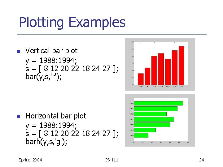 Plotting Examples n n Vertical bar plot y = 1988: 1994; s = [