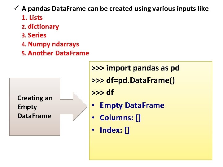 ü A pandas Data. Frame can be created using various inputs like 1. Lists