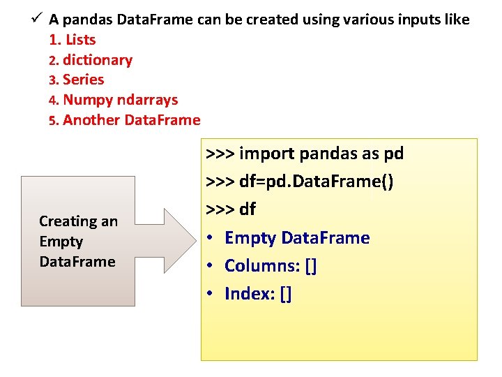 ü A pandas Data. Frame can be created using various inputs like 1. Lists ü A pandas Data. Frame can be created using various inputs like 1. Lists