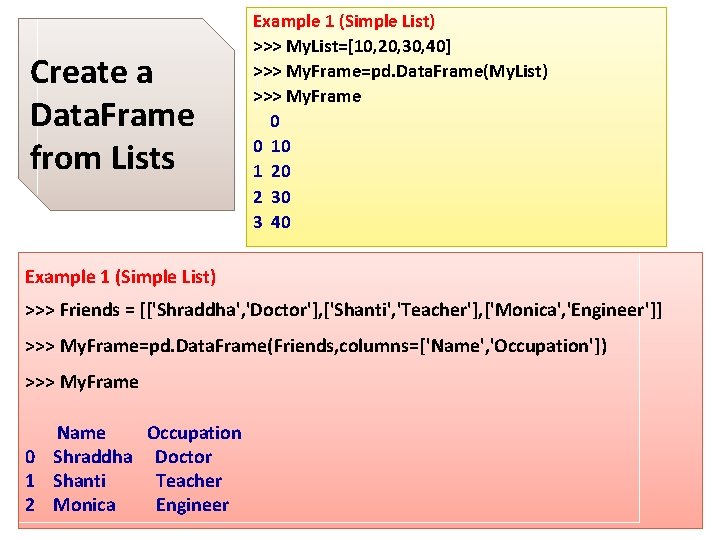 Create a Data. Frame from Lists Example 1 (Simple List) >>> My. List=[10, 20, Create a Data. Frame from Lists Example 1 (Simple List) >>> My. List=[10, 20,