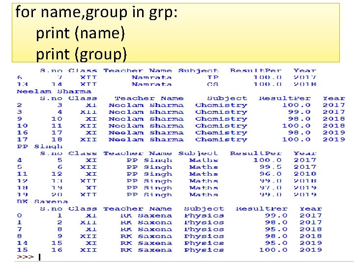 for name, group in grp: print (name) print (group) 