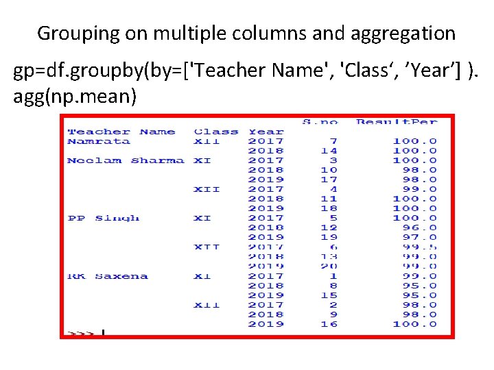 Grouping on multiple columns and aggregation gp=df. groupby(by=['Teacher Name', 'Class‘, ’Year’] ). agg(np. mean)