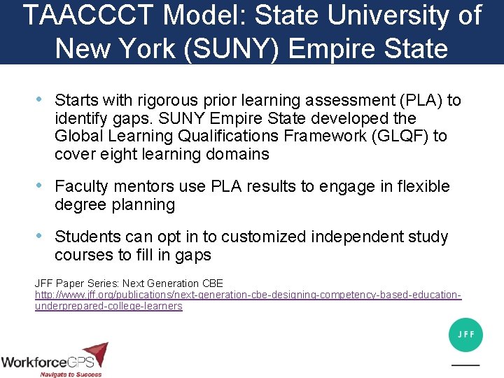 TAACCCT Model: State University of New York (SUNY) Empire State • Starts with rigorous