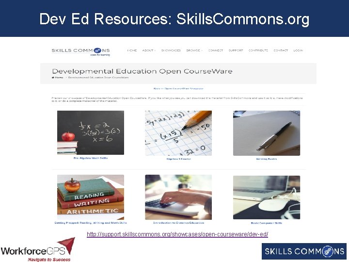 Dev Ed Resources: Skills. Commons. org http: //support. skillscommons. org/showcases/open-courseware/dev-ed/ 