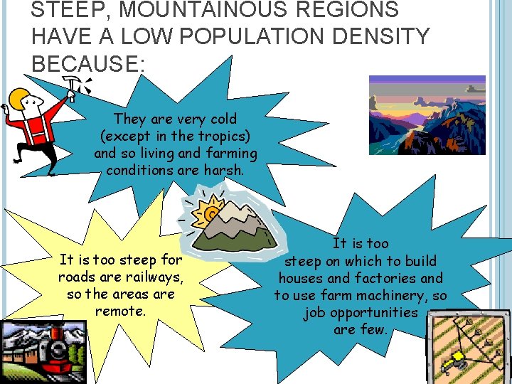 STEEP, MOUNTAINOUS REGIONS HAVE A LOW POPULATION DENSITY BECAUSE: They are very cold (except