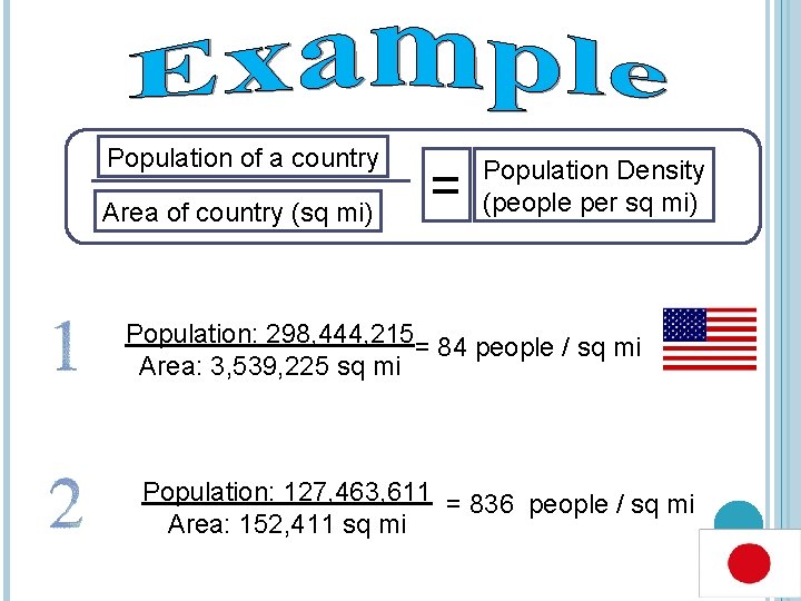 Population of a country Area of country (sq mi) = Population Density (people per