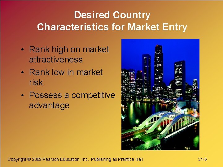 Desired Country Characteristics for Market Entry • Rank high on market attractiveness • Rank