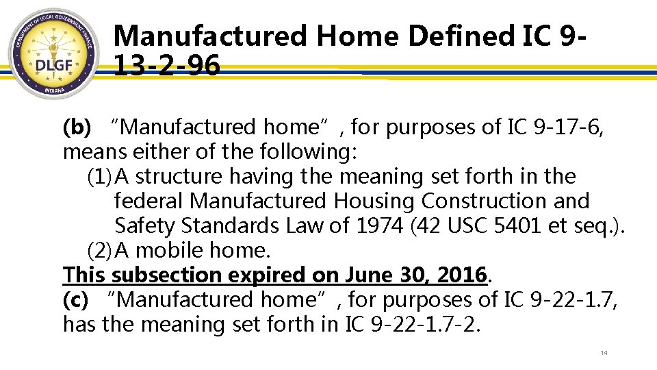 Manufactured Home Defined IC 913 -2 -96 (b) “Manufactured home”, for purposes of IC