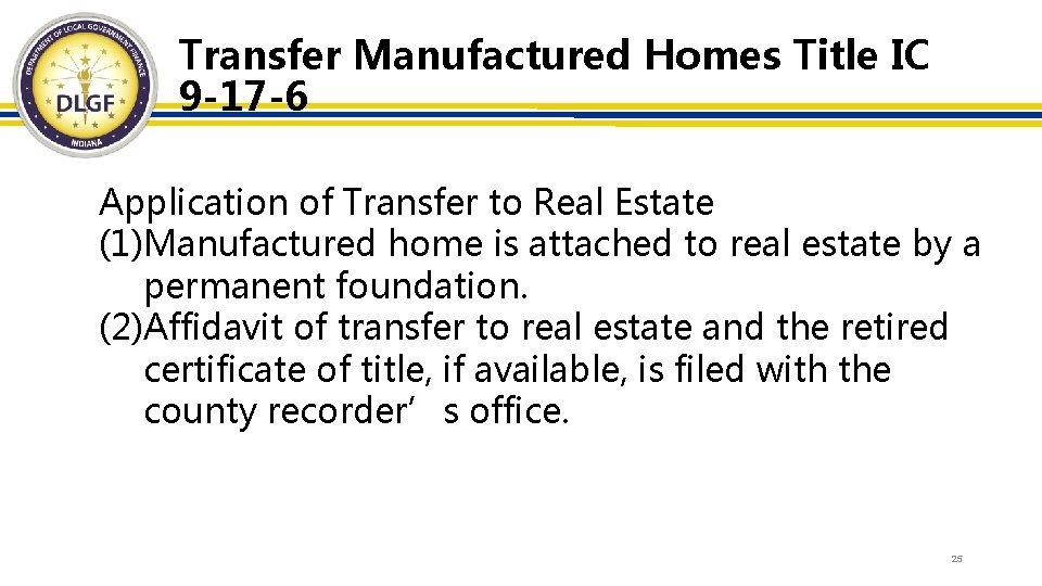 Transfer Manufactured Homes Title IC 9 -17 -6 Application of Transfer to Real Estate