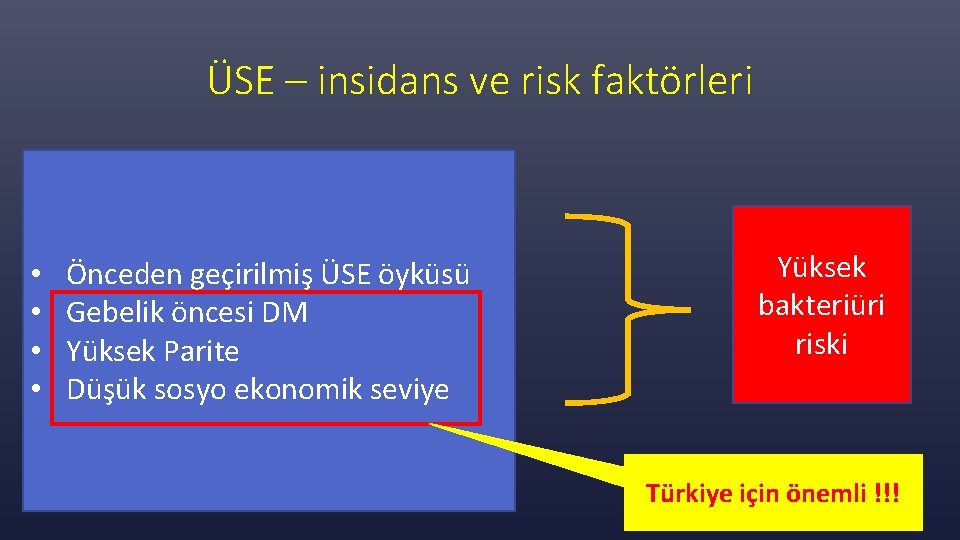 ÜSE – insidans ve risk faktörleri • • Önceden geçirilmiş ÜSE öyküsü Gebelik öncesi