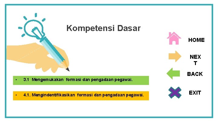 Kompetensi Dasar HOME NEX T BACK • 3. 1 Mengemukakan formasi dan pengadaan pegawai.