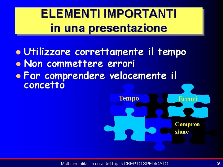 ELEMENTI IMPORTANTI in una presentazione Utilizzare correttamente il tempo l Non commettere errori l