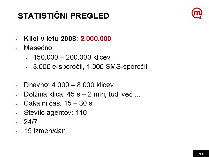 STATISTIČNI PREGLED • • Klici v letu 2008: 2. 000 Mesečno: • 150. 000