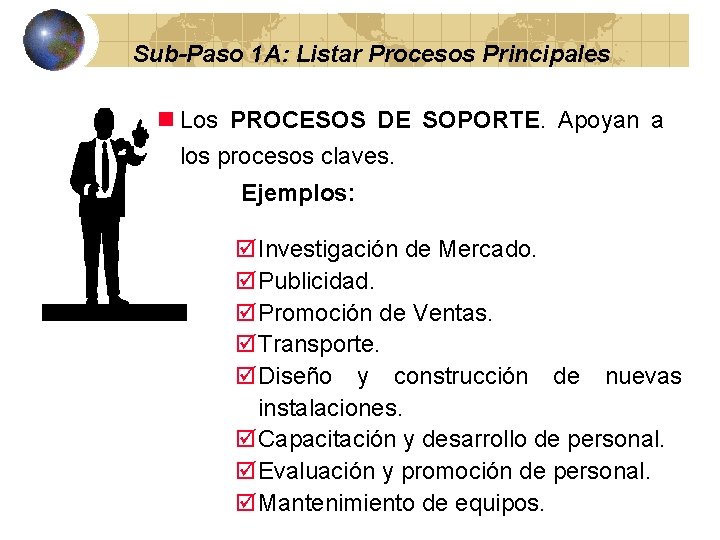 Sub-Paso 1 A: Listar Procesos Principales n Los PROCESOS DE SOPORTE. Apoyan a los