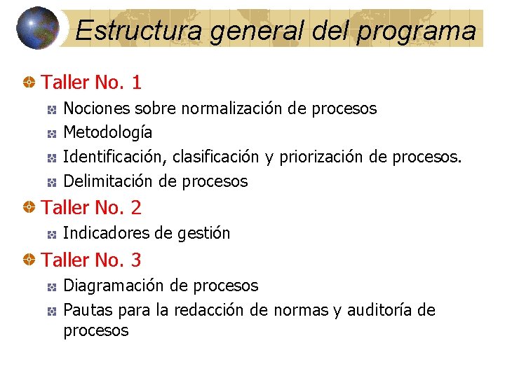 Estructura general del programa Taller No. 1 Nociones sobre normalización de procesos Metodología Identificación,