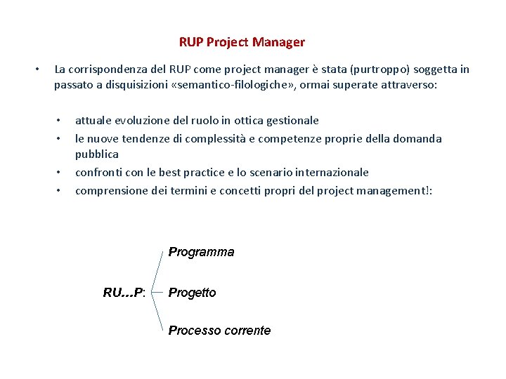 RUP Project Manager • La corrispondenza del RUP come project manager è stata (purtroppo)