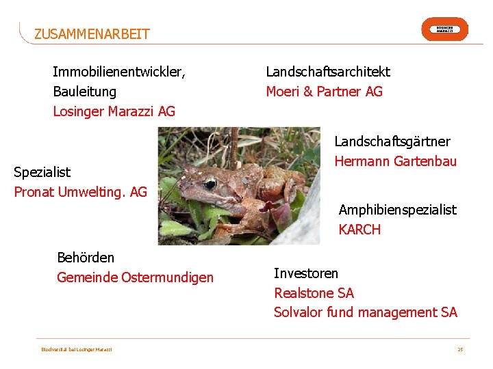 ZUSAMMENARBEIT Immobilienentwickler, Bauleitung Losinger Marazzi AG Spezialist Pronat Umwelting. AG Landschaftsarchitekt Moeri & Partner